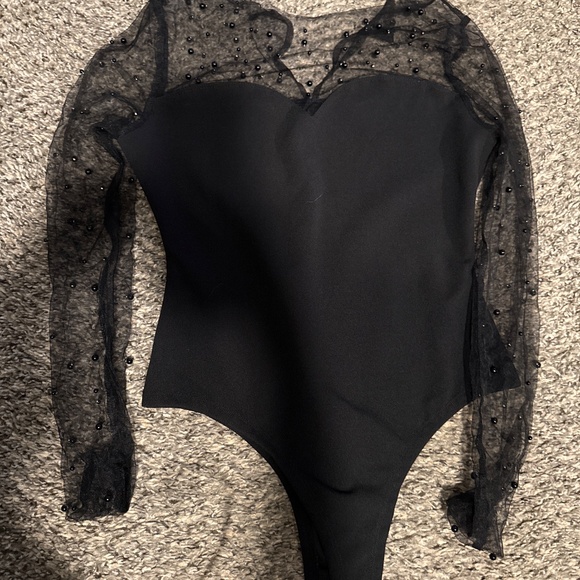 Black beaded mesh top bodysuit - Picture 2 of 3
